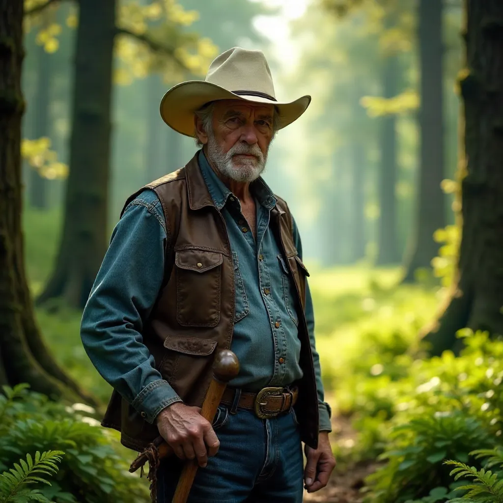 Elderly Man in White Cowboy Hat in a Lush Forest