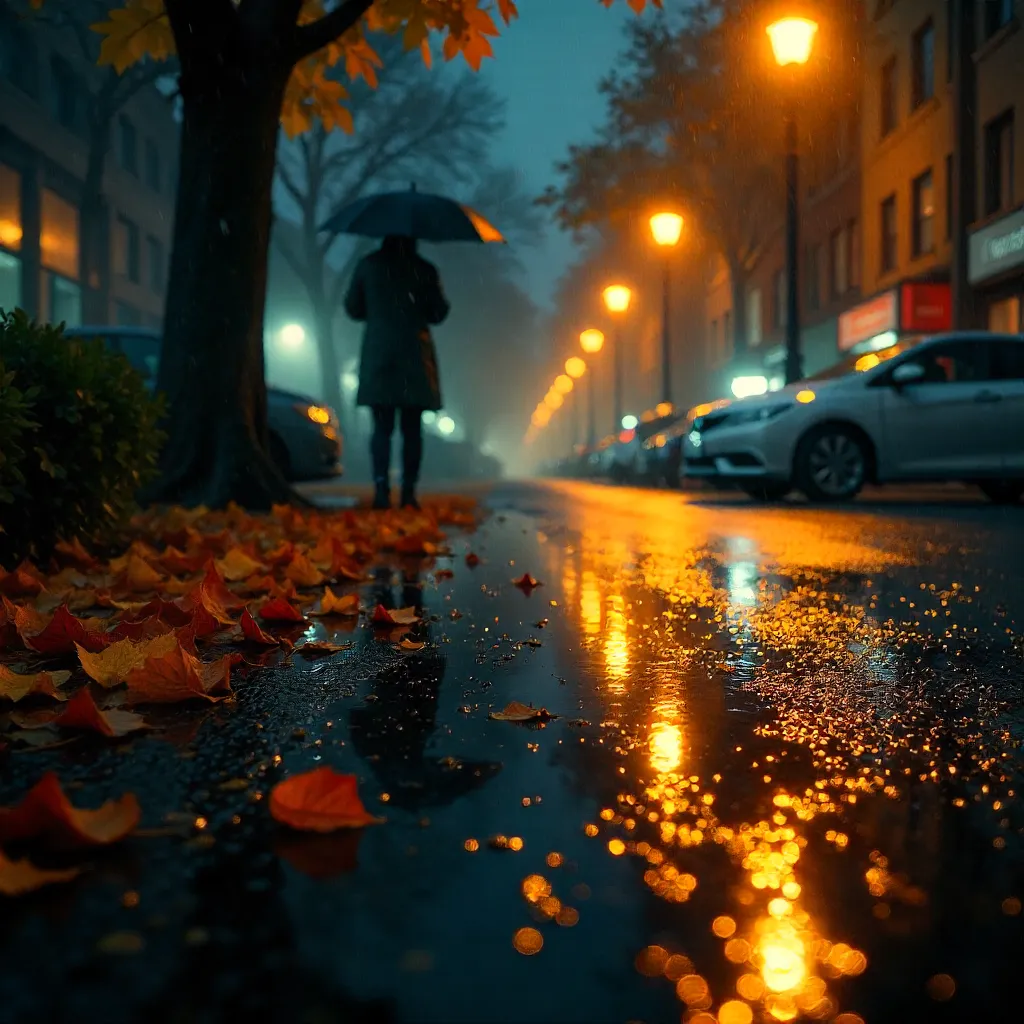 Amber Leaves Under Rainlit Streetlights