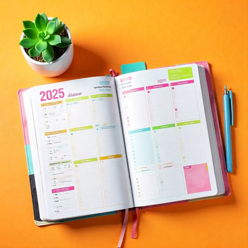 Vibrant 2025 Planner with Succulent on Orange Backdrop