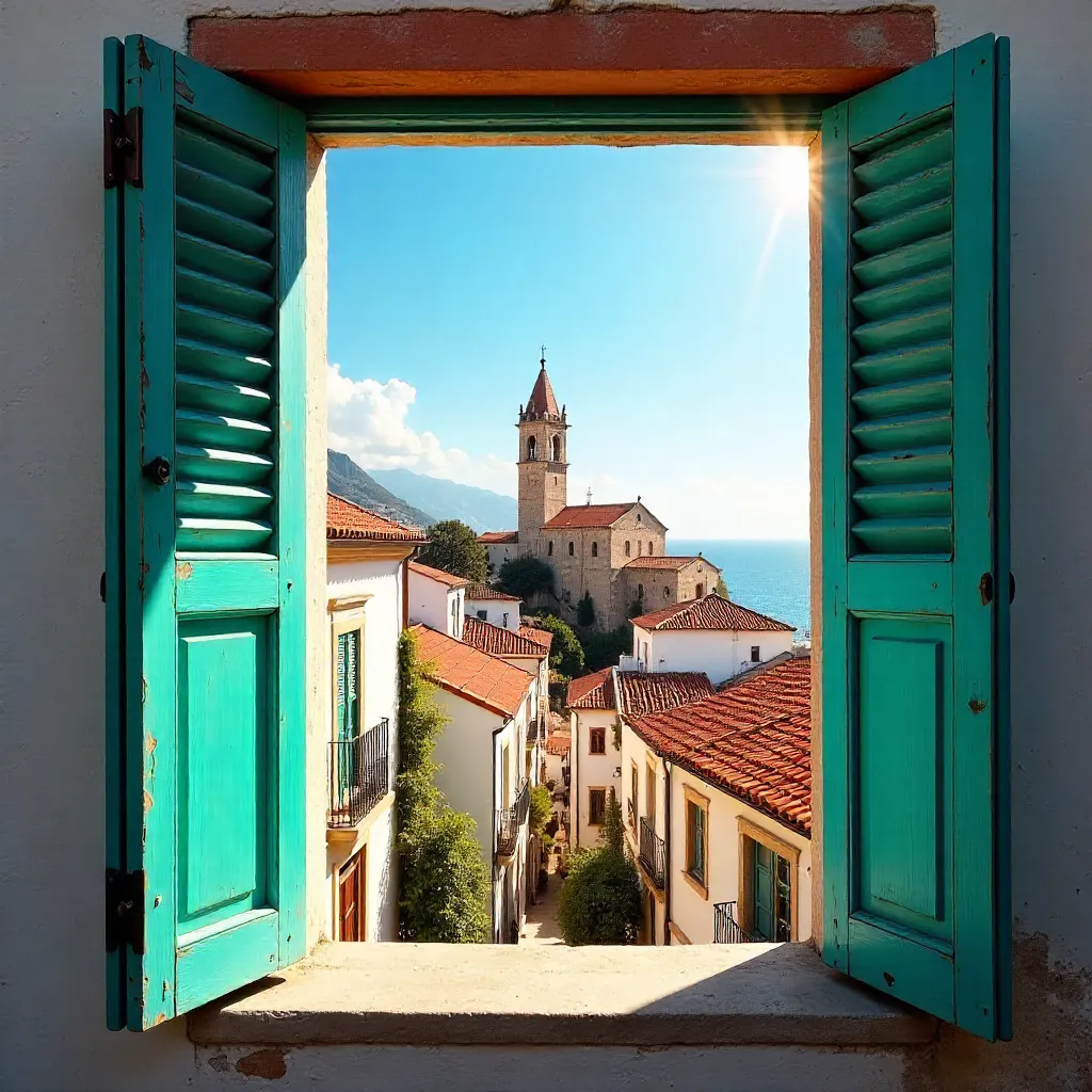 Through Turquoise Shutters: Med Rooftops & Church Tower