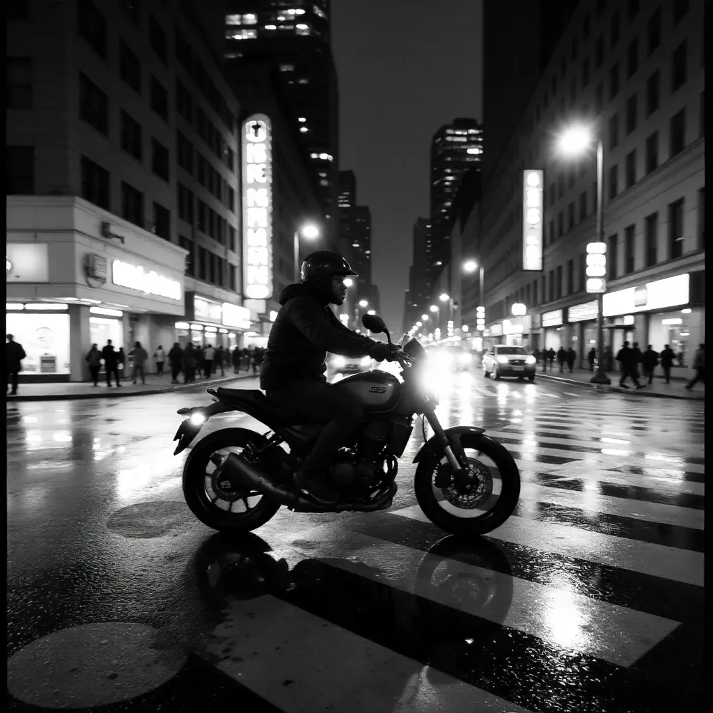 Monochrome Blur: Motorcycle Crossing City Street
