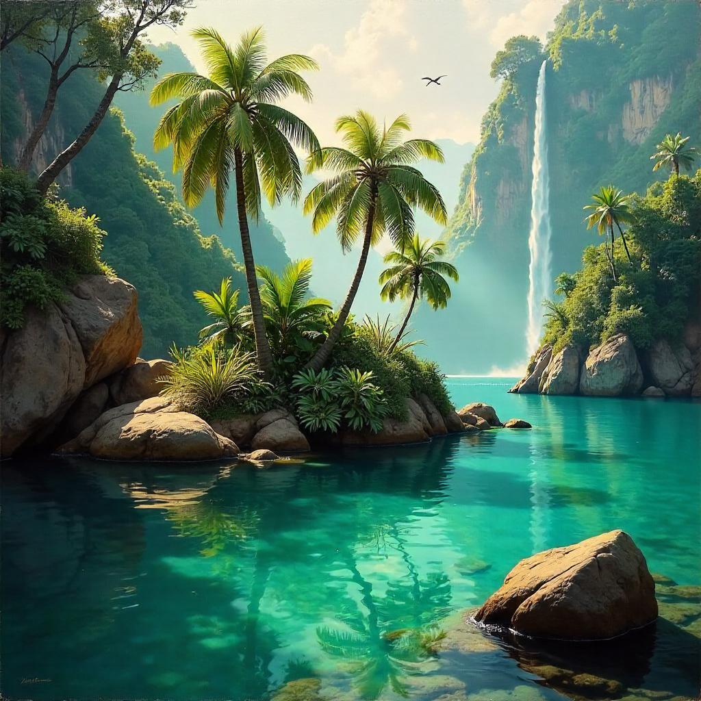 Hidden Lagoon Oasis in Oil: Lush Reflections