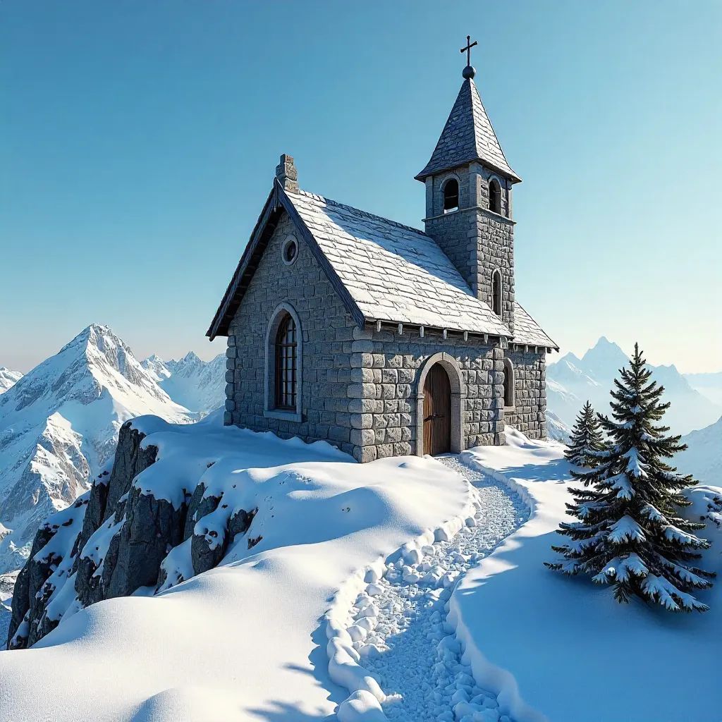 Snowbound Stone Chapel on Zugspitze Summit