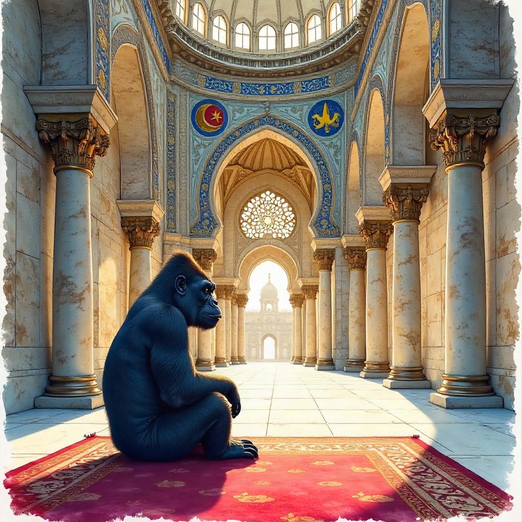 Gorilla in a Serene Watercolor Mosque