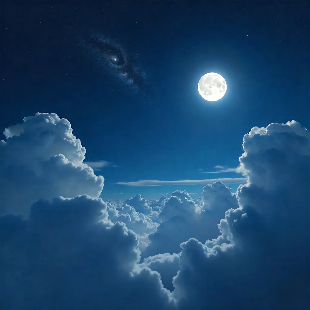 Cumulus Clouds, Moon, and Galaxy Over Night Sky - Stock Photo