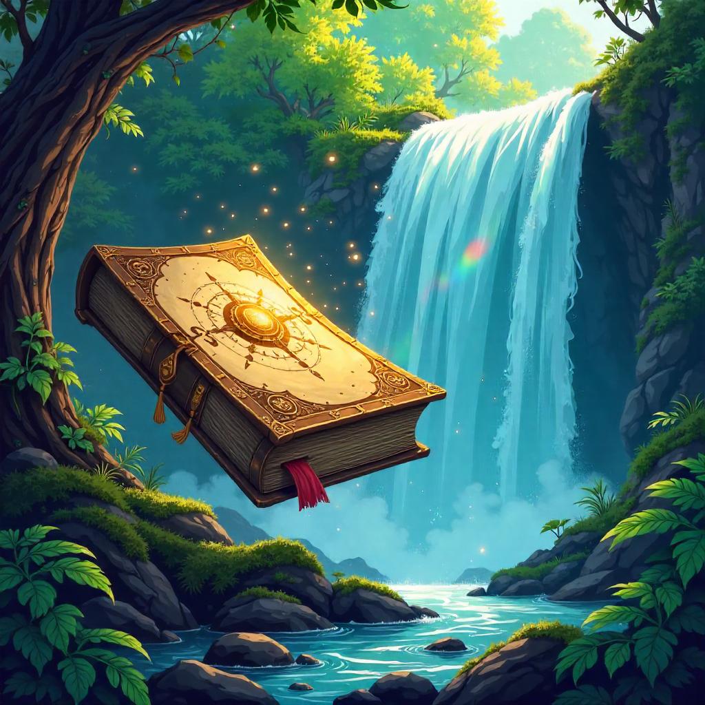Mystical Cartoon Tome by a Waterfall