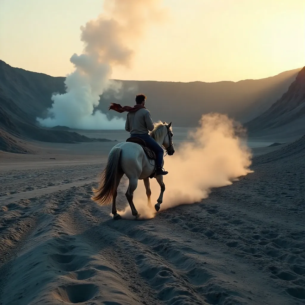 Rider Crossing the Volcanic Sands of Mount Bromo