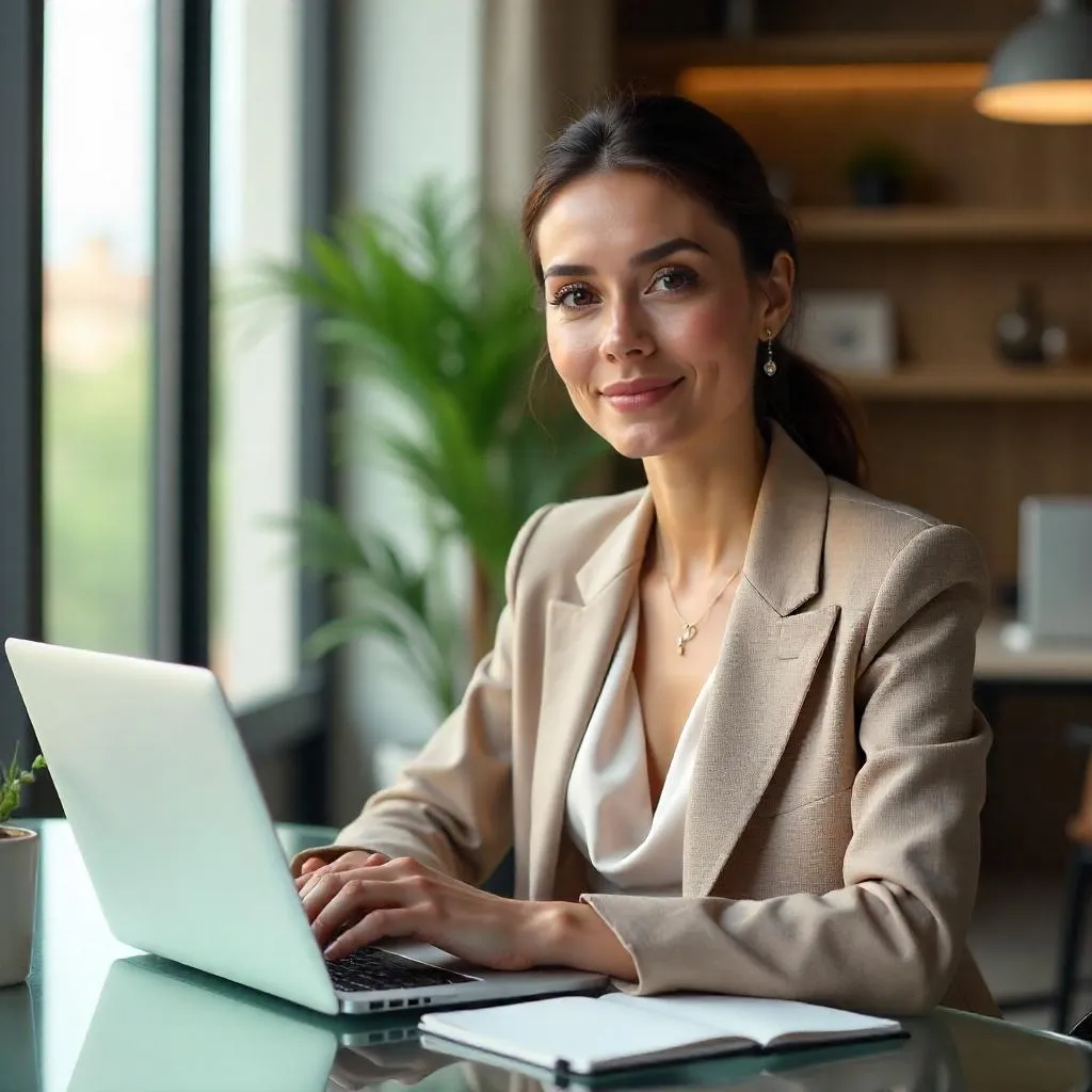 Elegant White Woman in a Modern Workspace