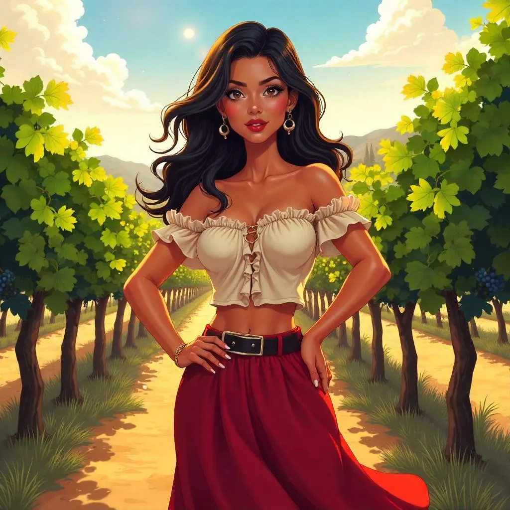 Confident Latina in Anime Style in a Vineyard