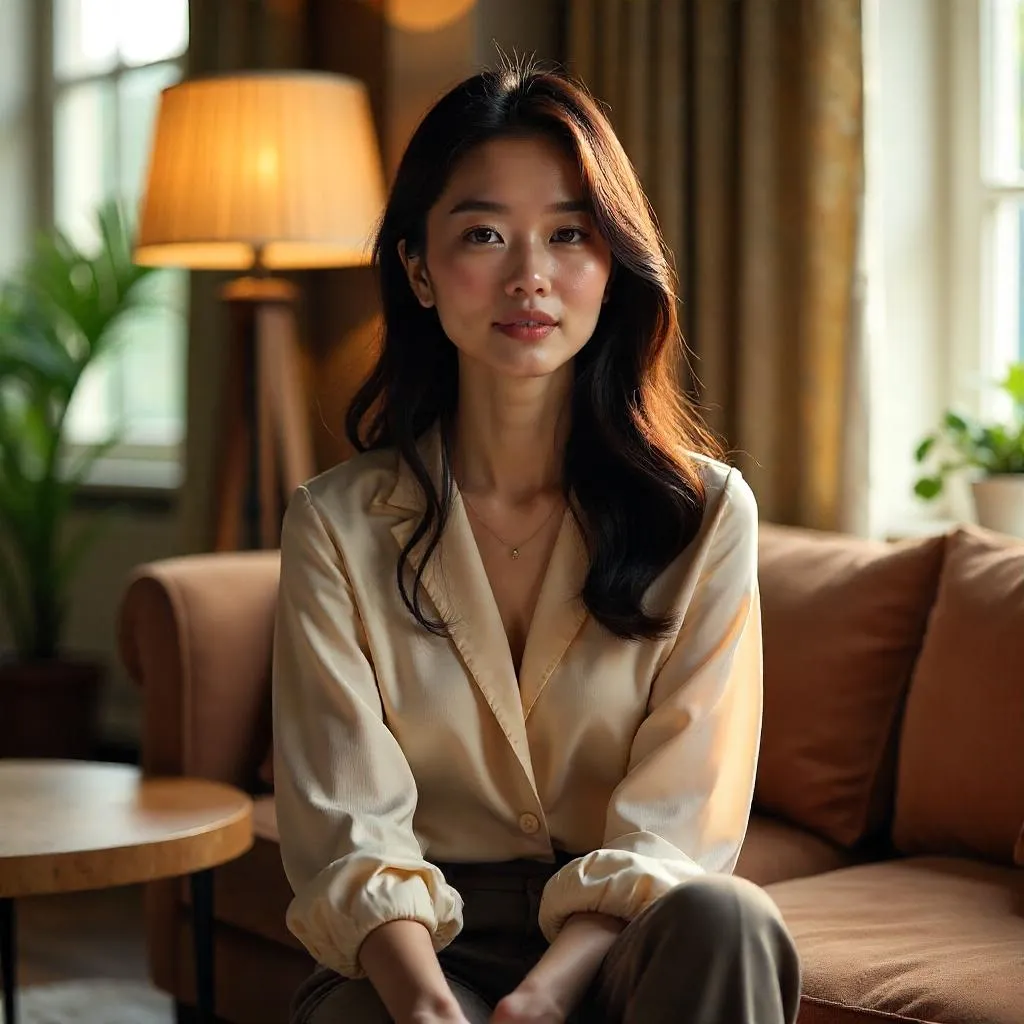 Elegantly Dressed Asian Woman in a Living Room