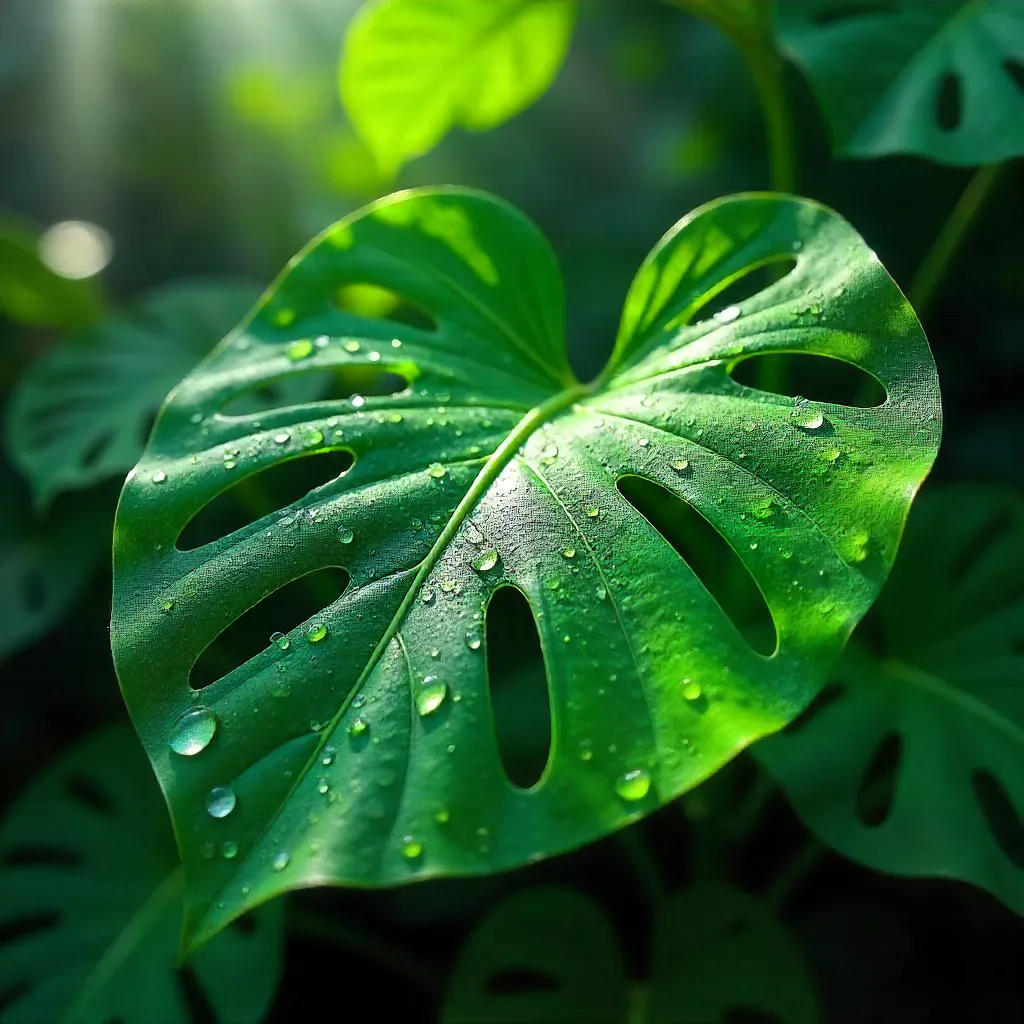 Dew-Kissed Monstera Leaves in Morning Light