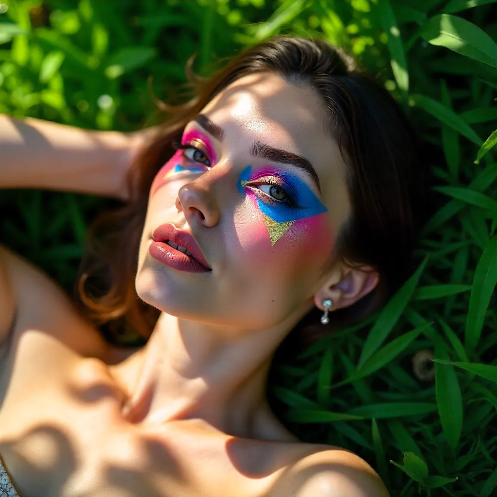 Vibrant Make-up on Grass Under Natural Light