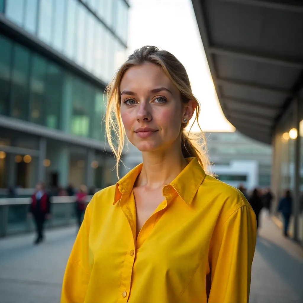 Portrait in Yellow Before Berlin Modern Architecture