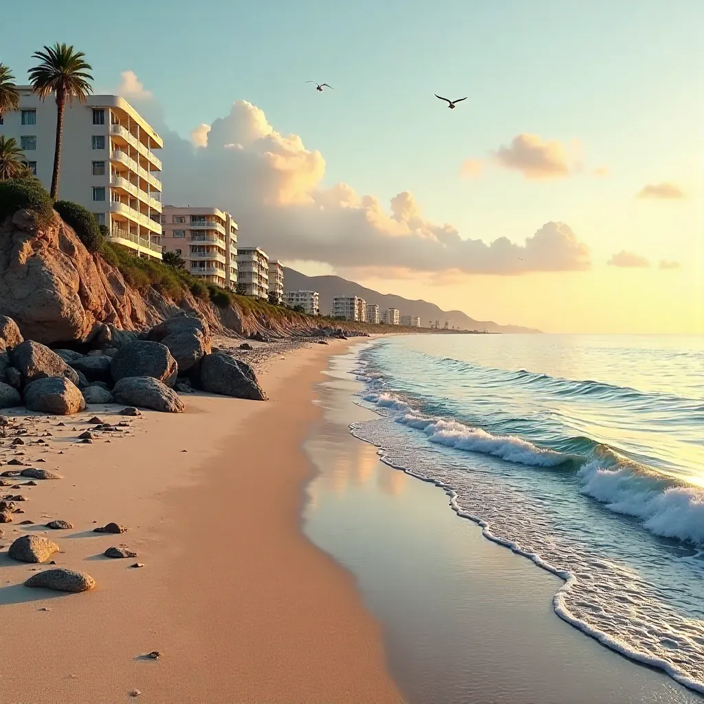 Golden Hour Beach: Rocky Shoreline and Distant Resorts