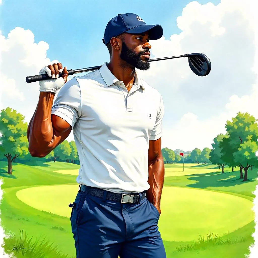 Confident Black Golfer in Watercolor on the Course