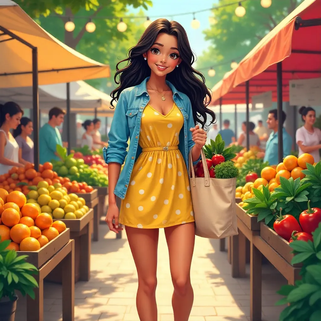 Cheerful Latina in Anime Style at the Farmers Market