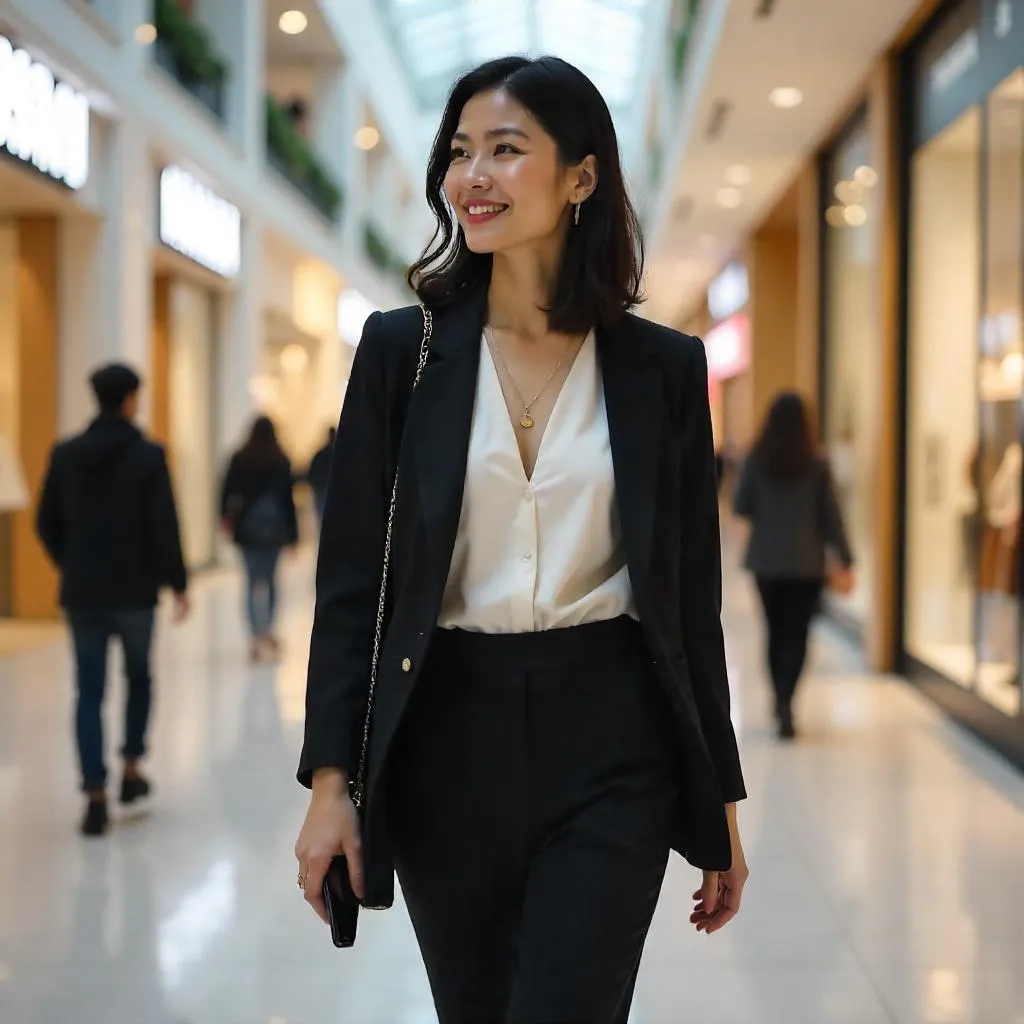 Stylish East Asian Woman in a Photorealistic Mall