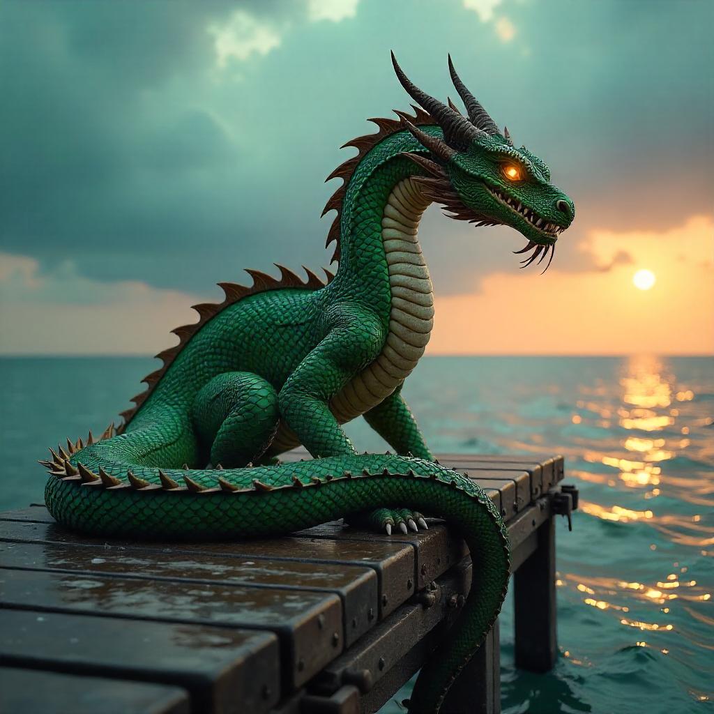 3D Basilisk on a Dusk Pier: Luminous Gaze