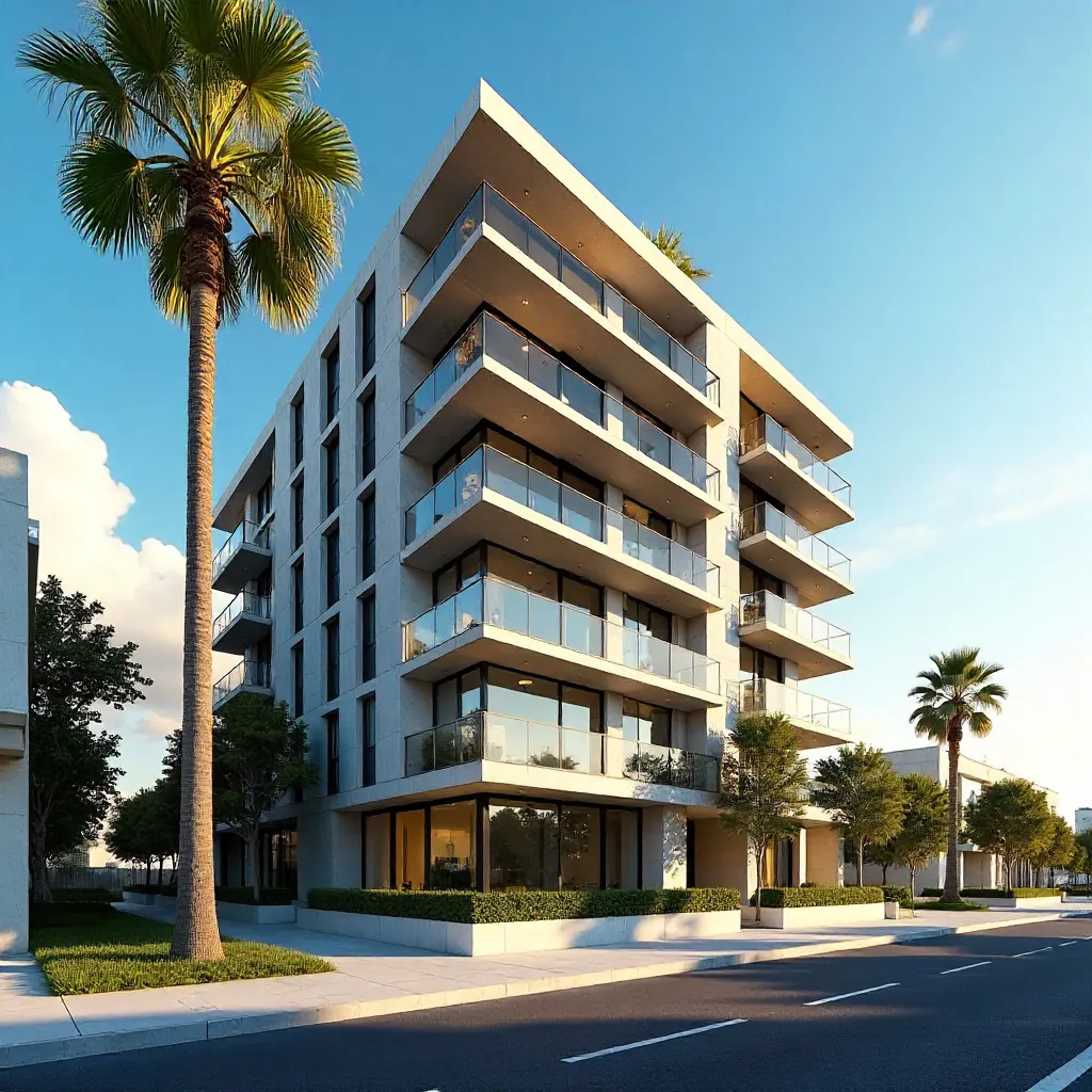 Sunny Day View: Modern Apartment with Palm Tree