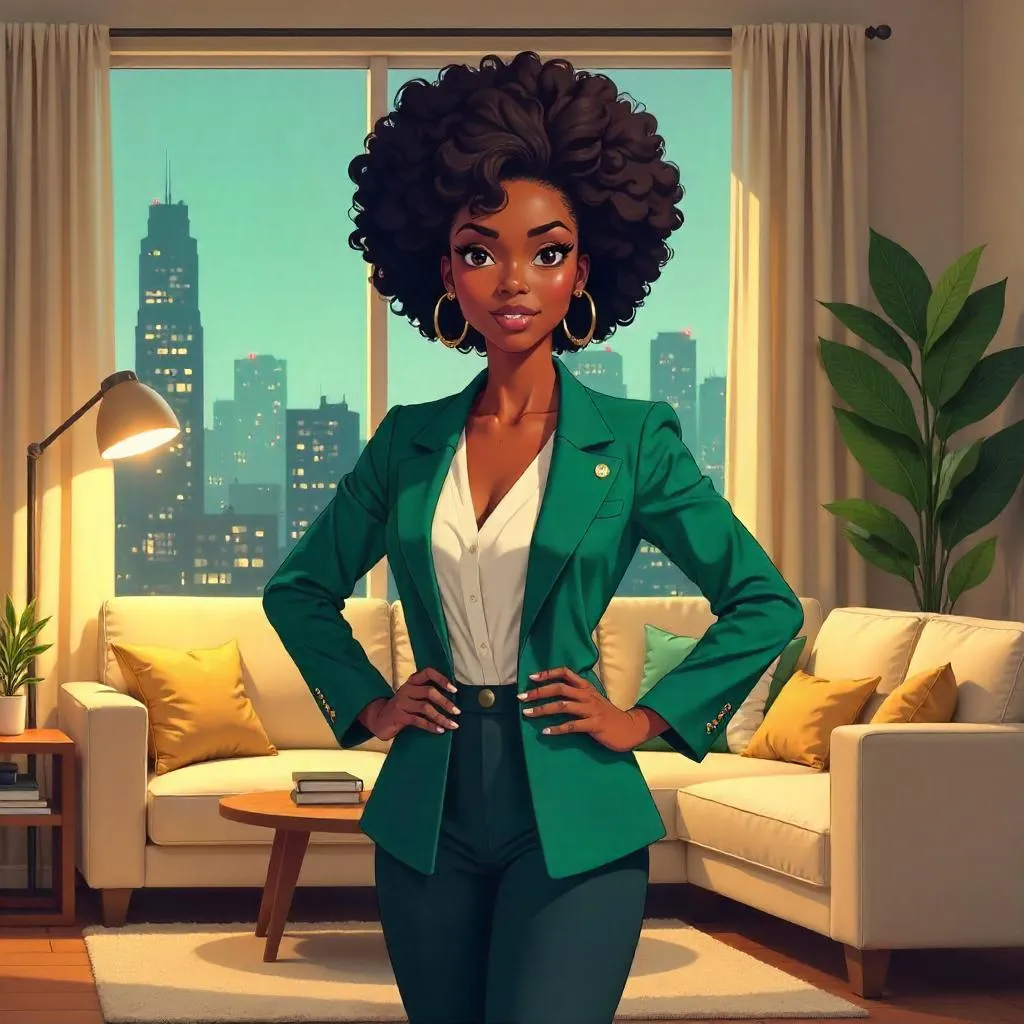 Confident Black Woman in a Cozy Anime Living Room