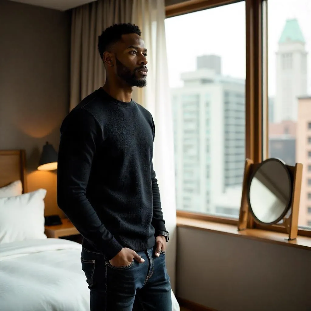 Contemplative Young Black Man in a Hotel Room
