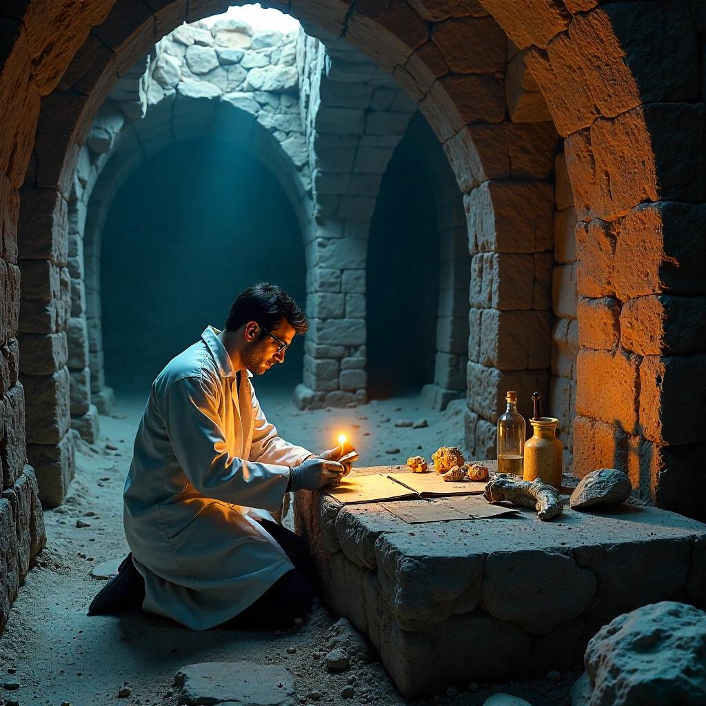 Photorealistic Scientist in an Ancient Crypt