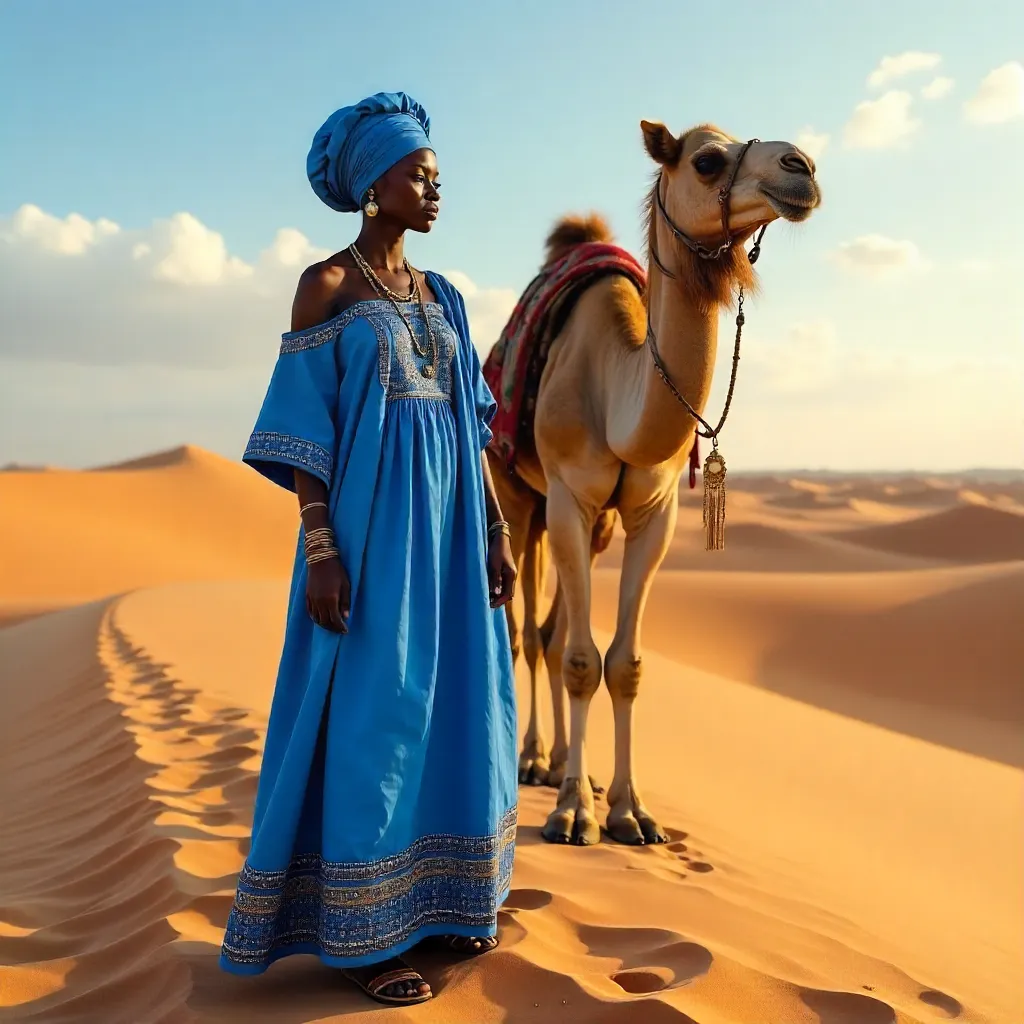 Blue Nigerian Attire with Camel in Desert Dunes