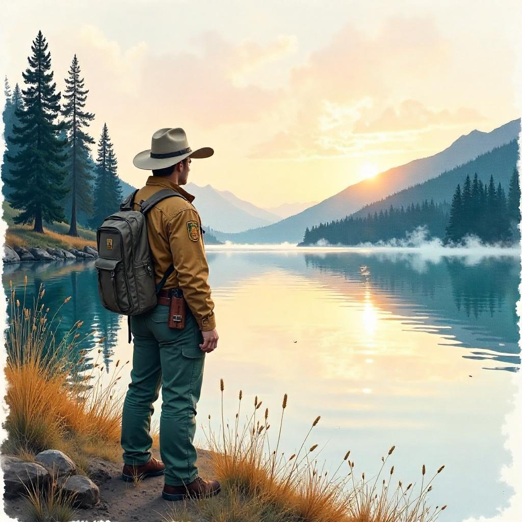 Watercolor Ranger by a Lake at Dawn