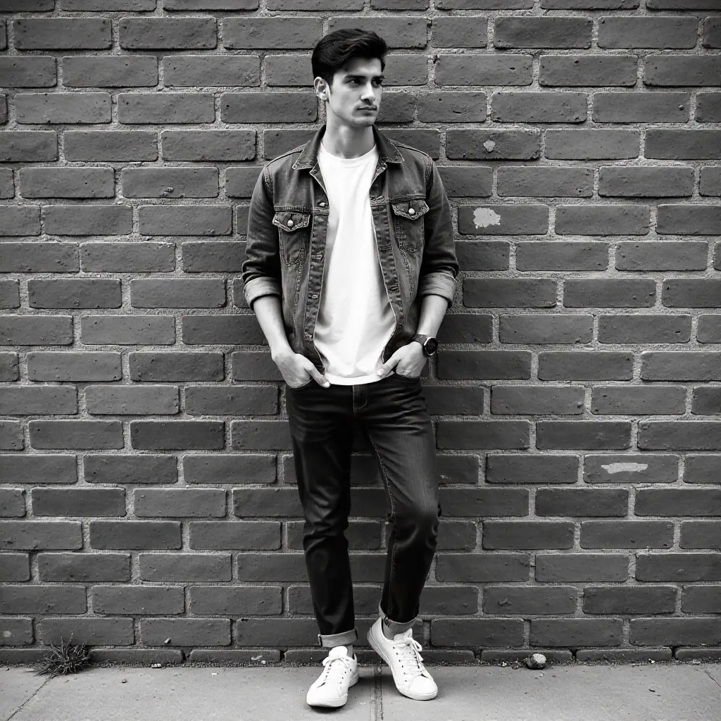 Black and White Portrait by Brick Wall
