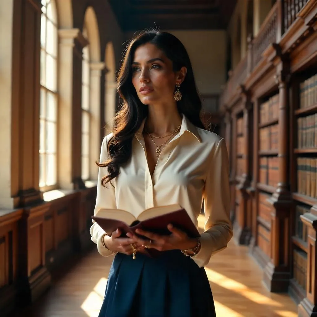 Elegant Latina in a Grand Library