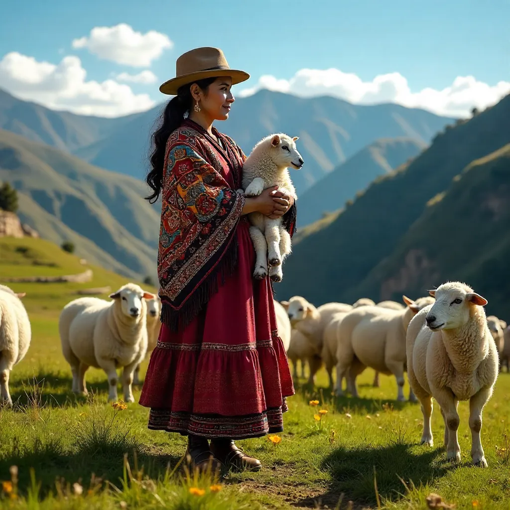 Andean Woman Carrying a Lamb in Huánuco Highlands