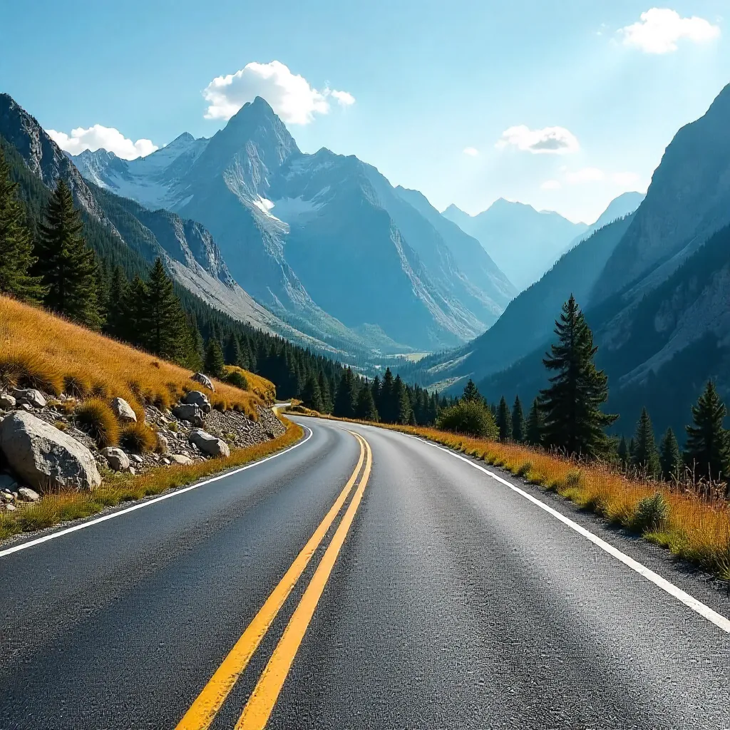 Winding Mountain Road Beneath a Clear Blue Sky