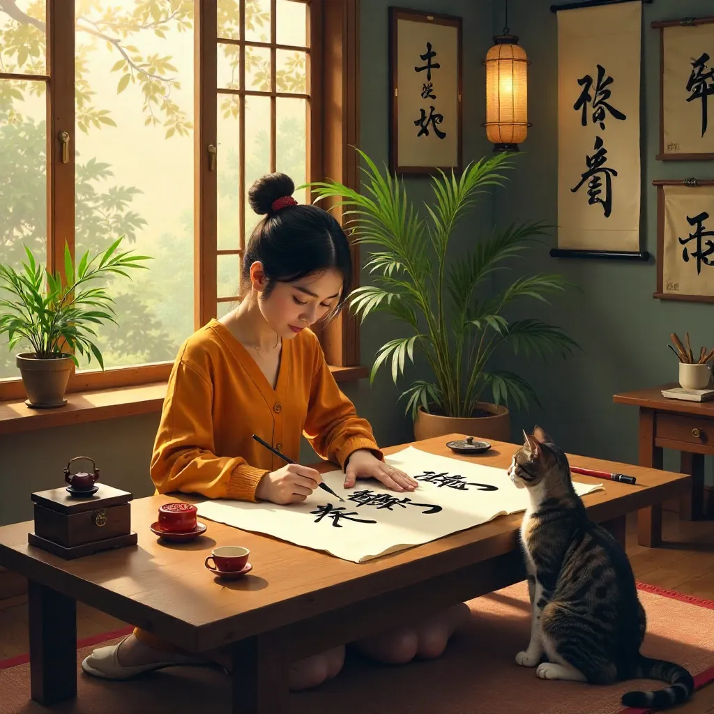 Warm Home Calligraphy Studio: Woman and Cat