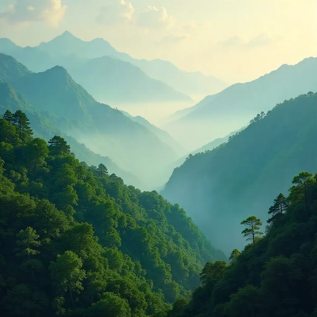 Mist-Wrapped Emerald Mountains at Soft Dawn