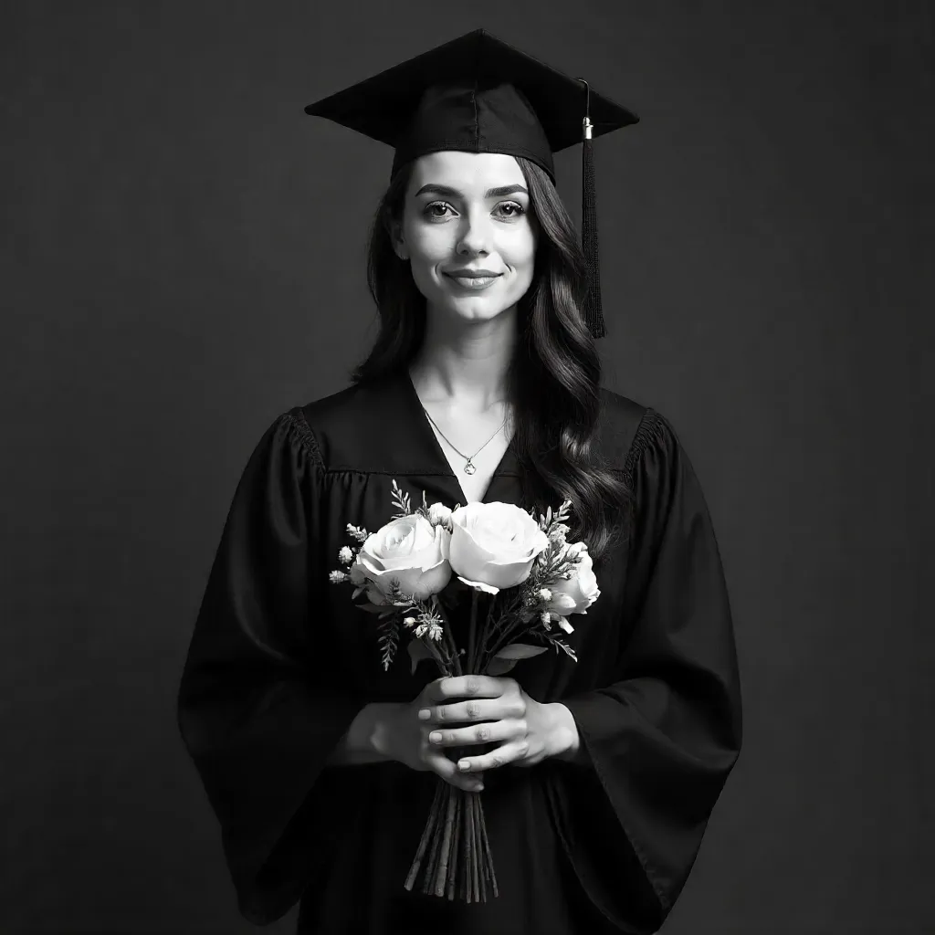 Elegant Black-and-White Graduate Portrait with Bouquet