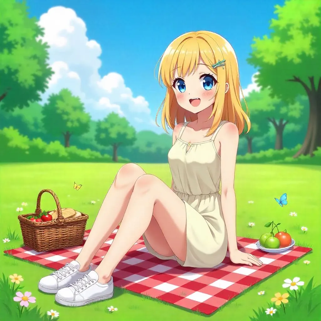 Cheerful Caucasian Woman at a Picnic - Anime Style