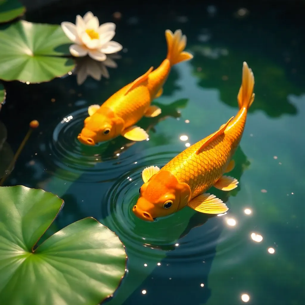 Two Golden Koi in a Sunlit Pond