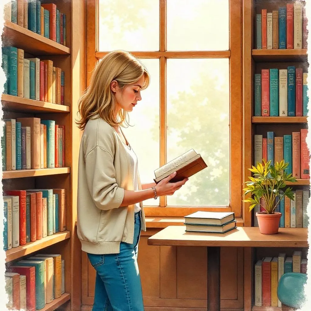 Watercolor Moment: Young Woman in a Bookstore