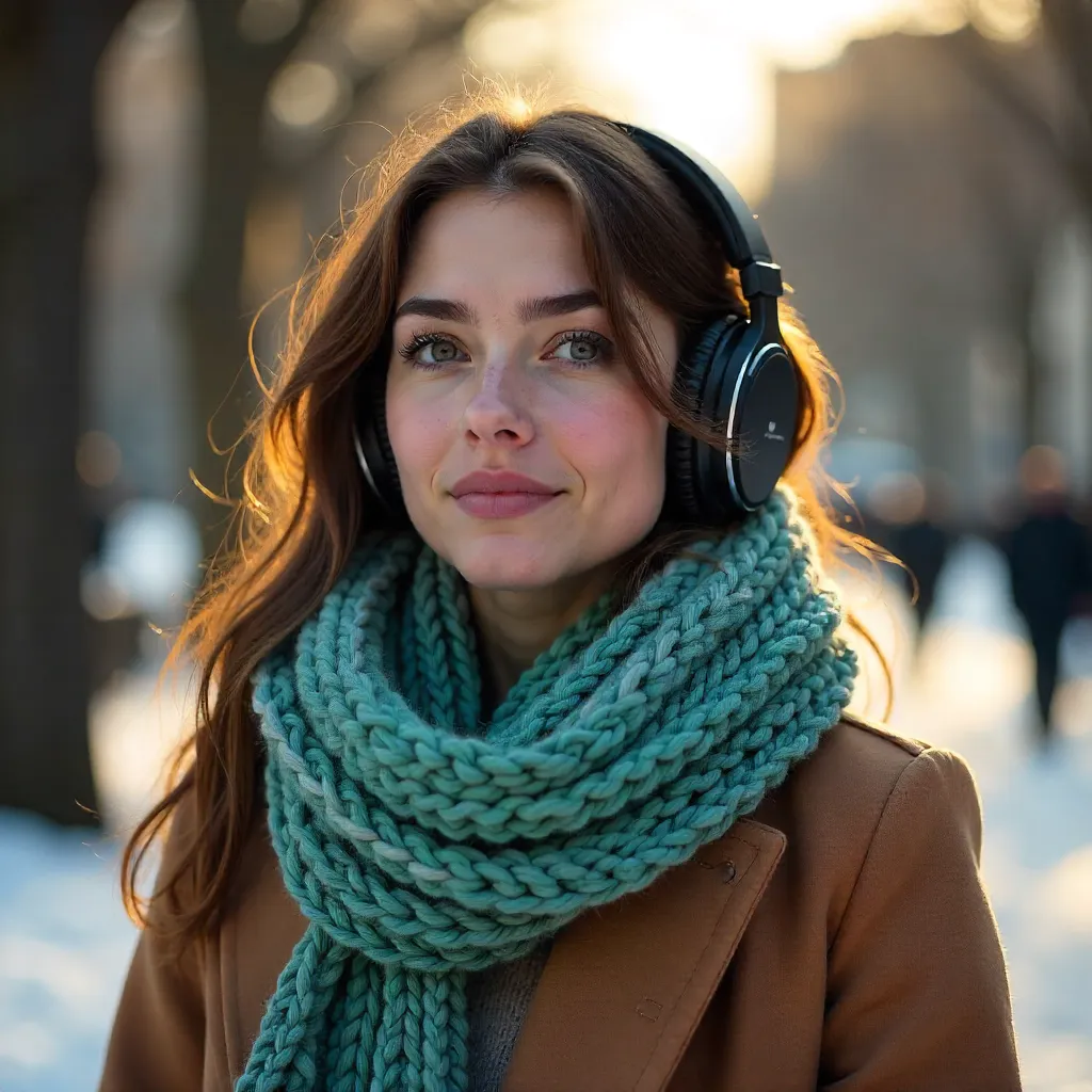 Winter Breeze Portrait: Young Woman in a Scarf and Headphones Outdoors
