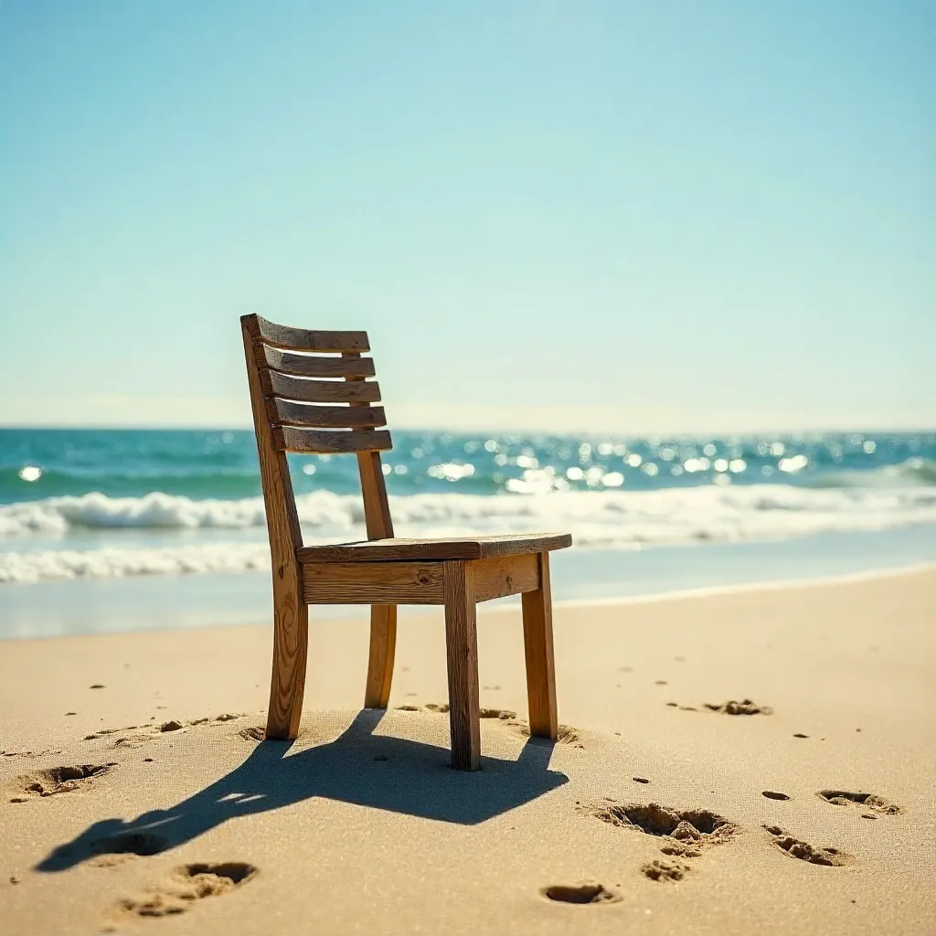 Solitary Wooden Chair on a Sunlit Beach