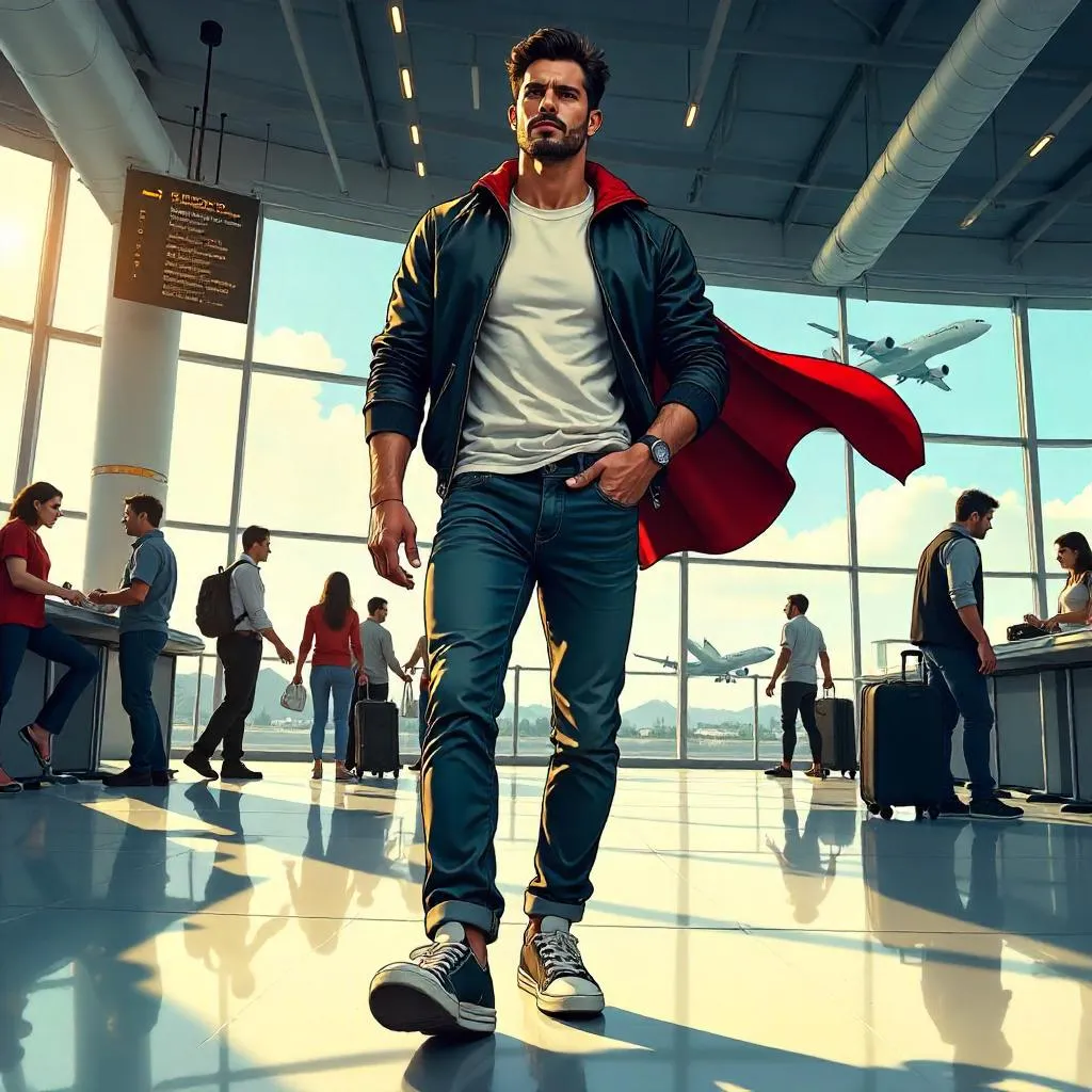 Comic-Style Latino Hero in an Airport Terminal