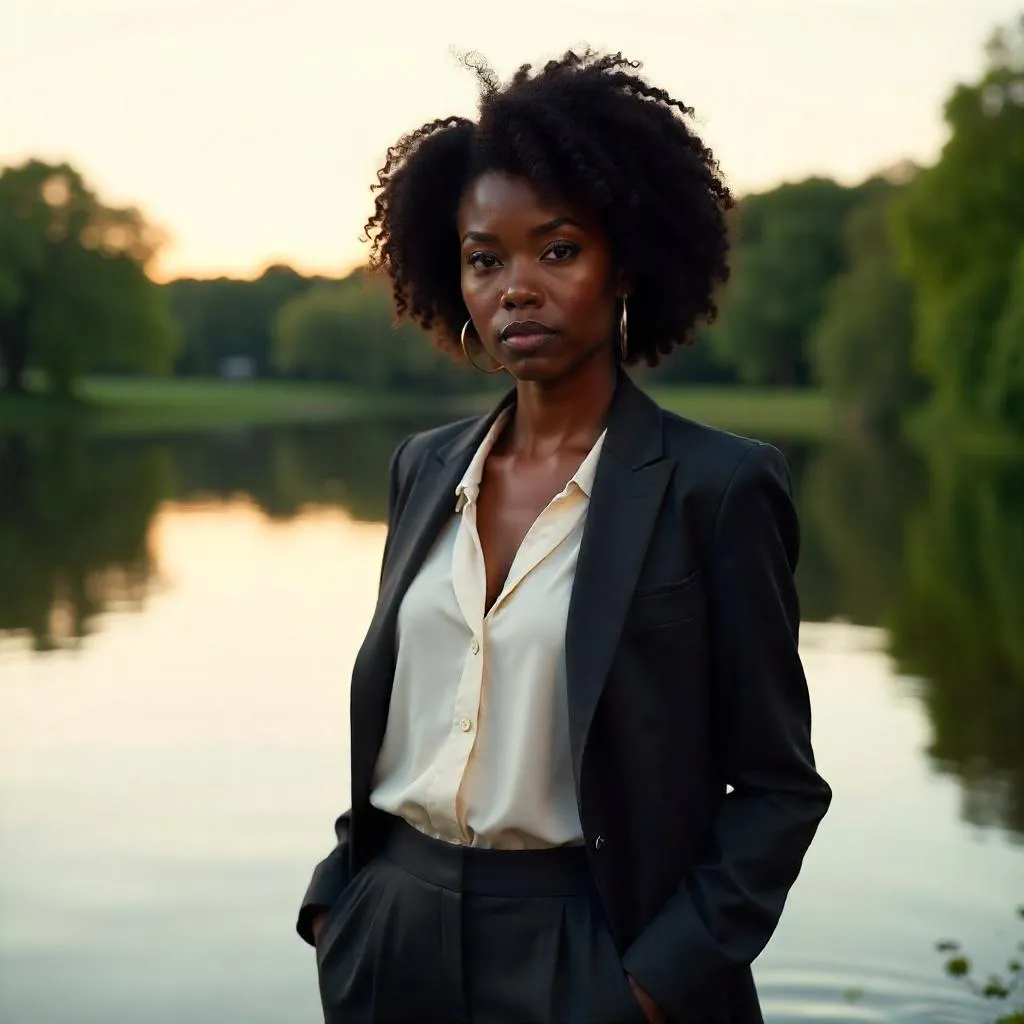 Confident Black Woman by a Serene Lake
