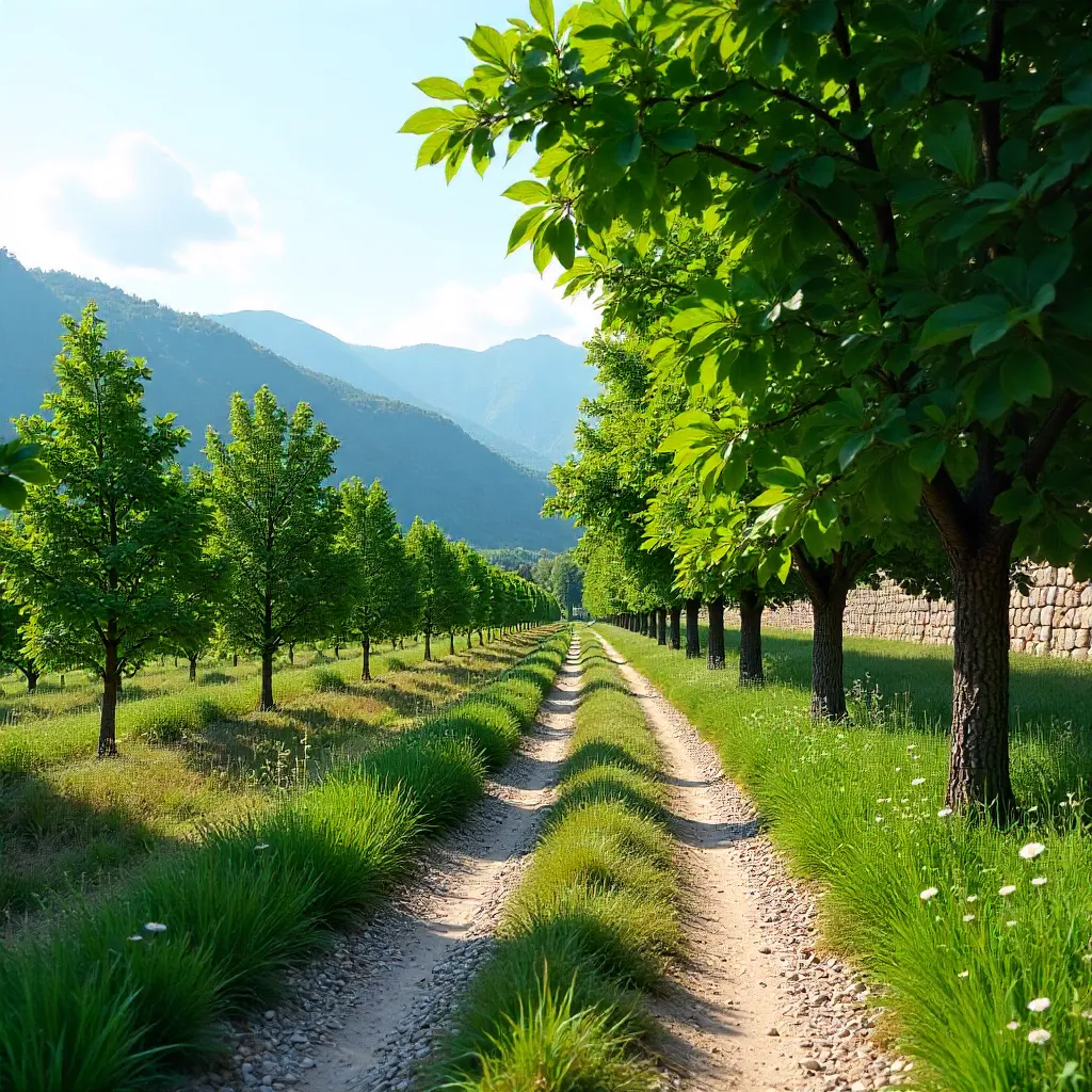 Serene Daylight Path in a Romanian Orchard