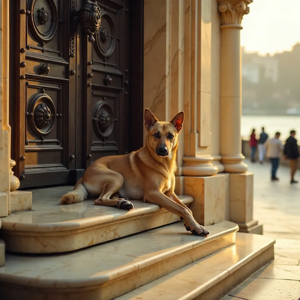 Relaxed Dog on Ornate Marble Stairs in Istanbul