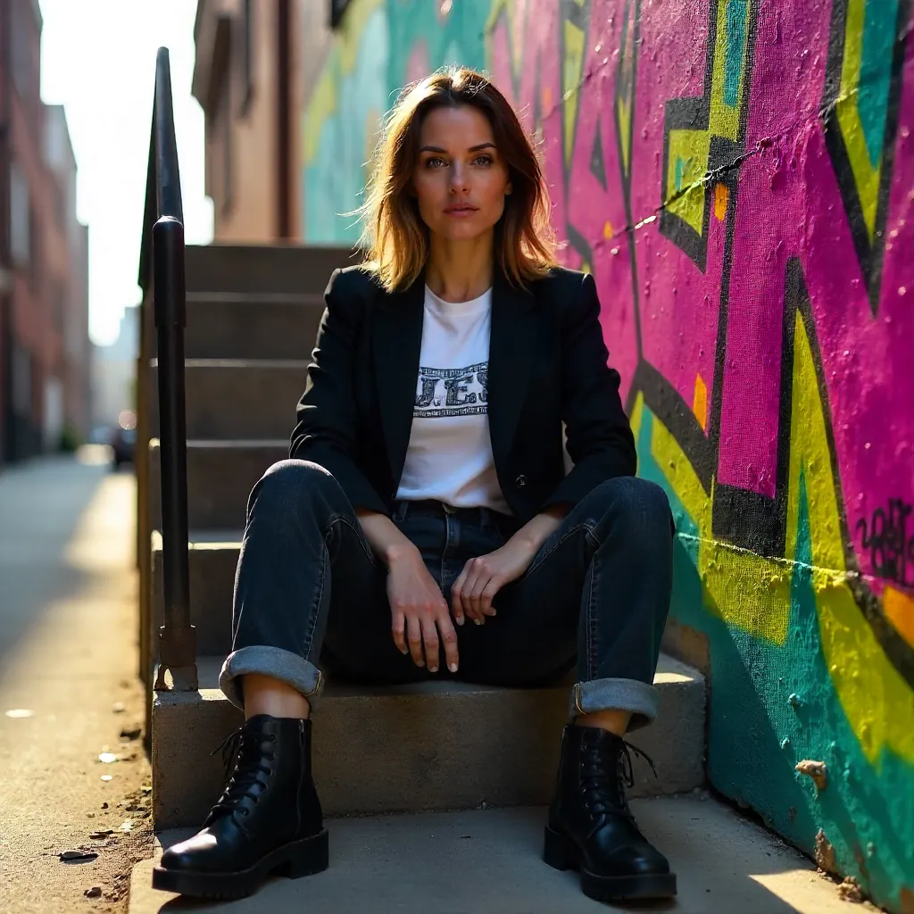 Confident Woman on Graffiti Steps