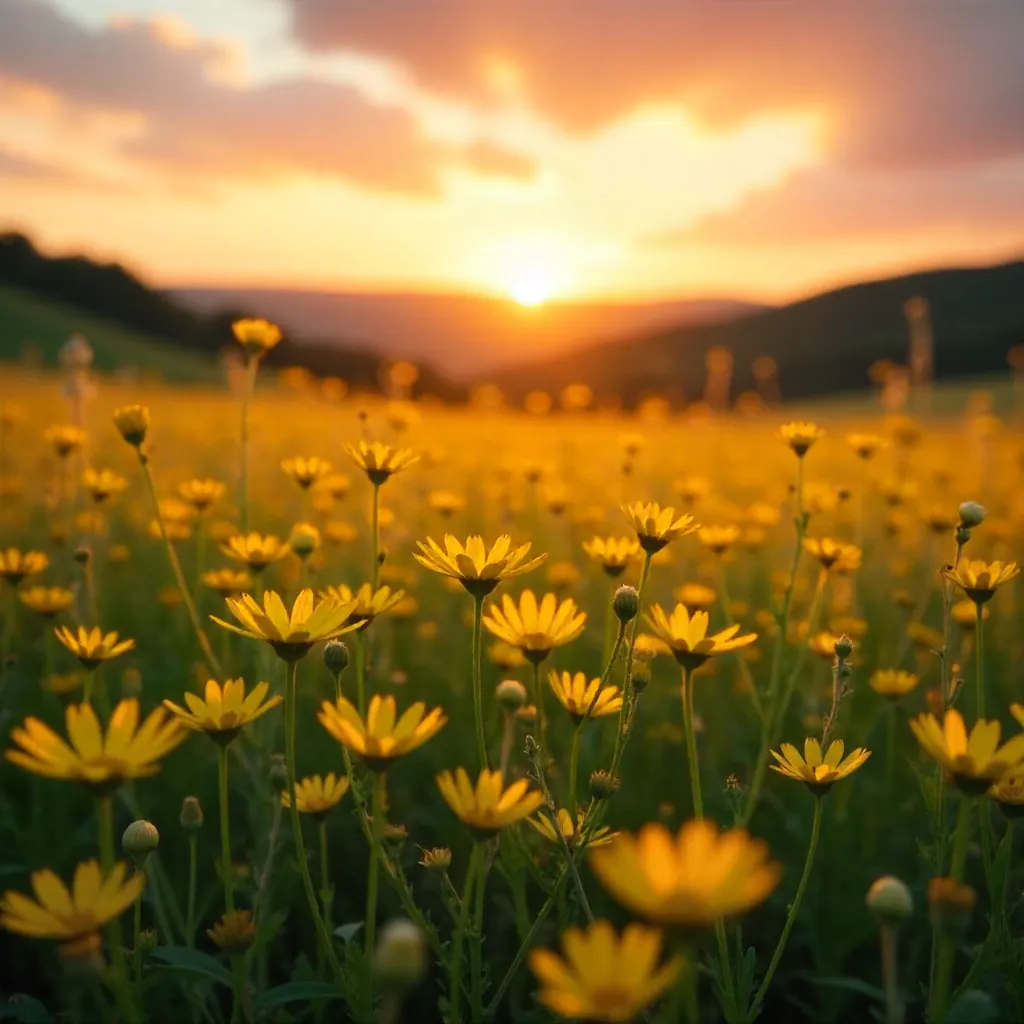 Golden Hour Meadow: Yellow Wildflowers in Sunset