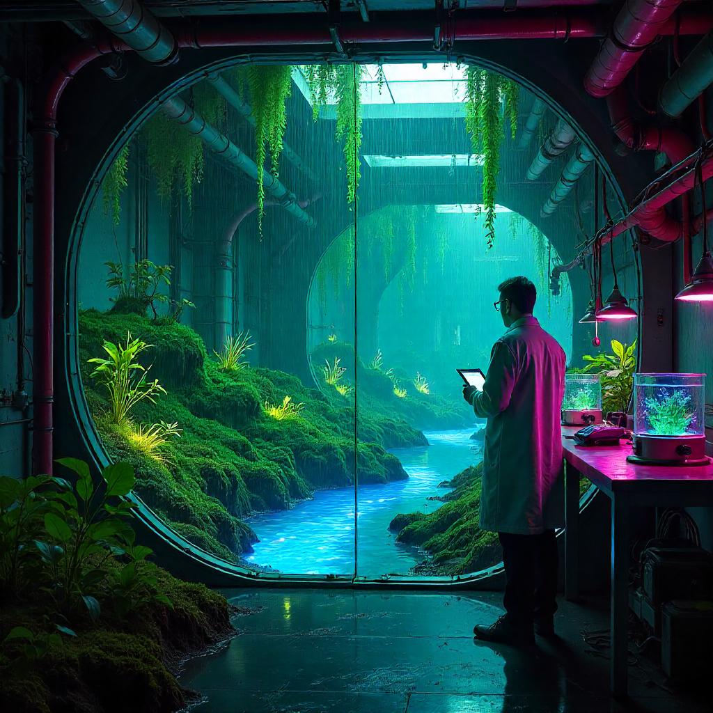 Neon Marsh in a Glass-Enclosed Cyber Lab