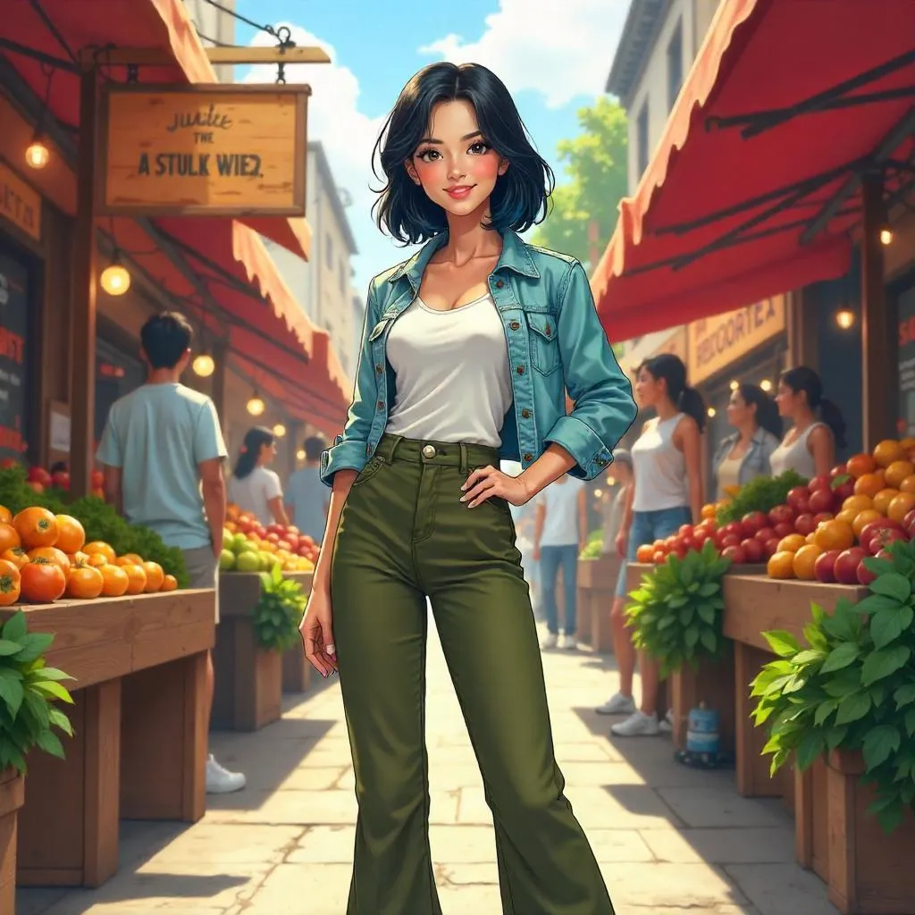 Confident Asian Woman at a Lively Anime Farmers Market