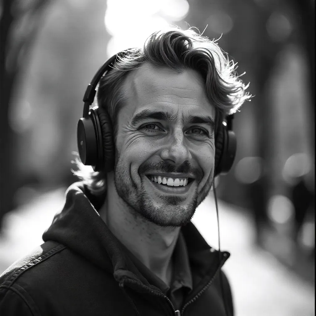 Black-and-white portrait of man listening outdoors