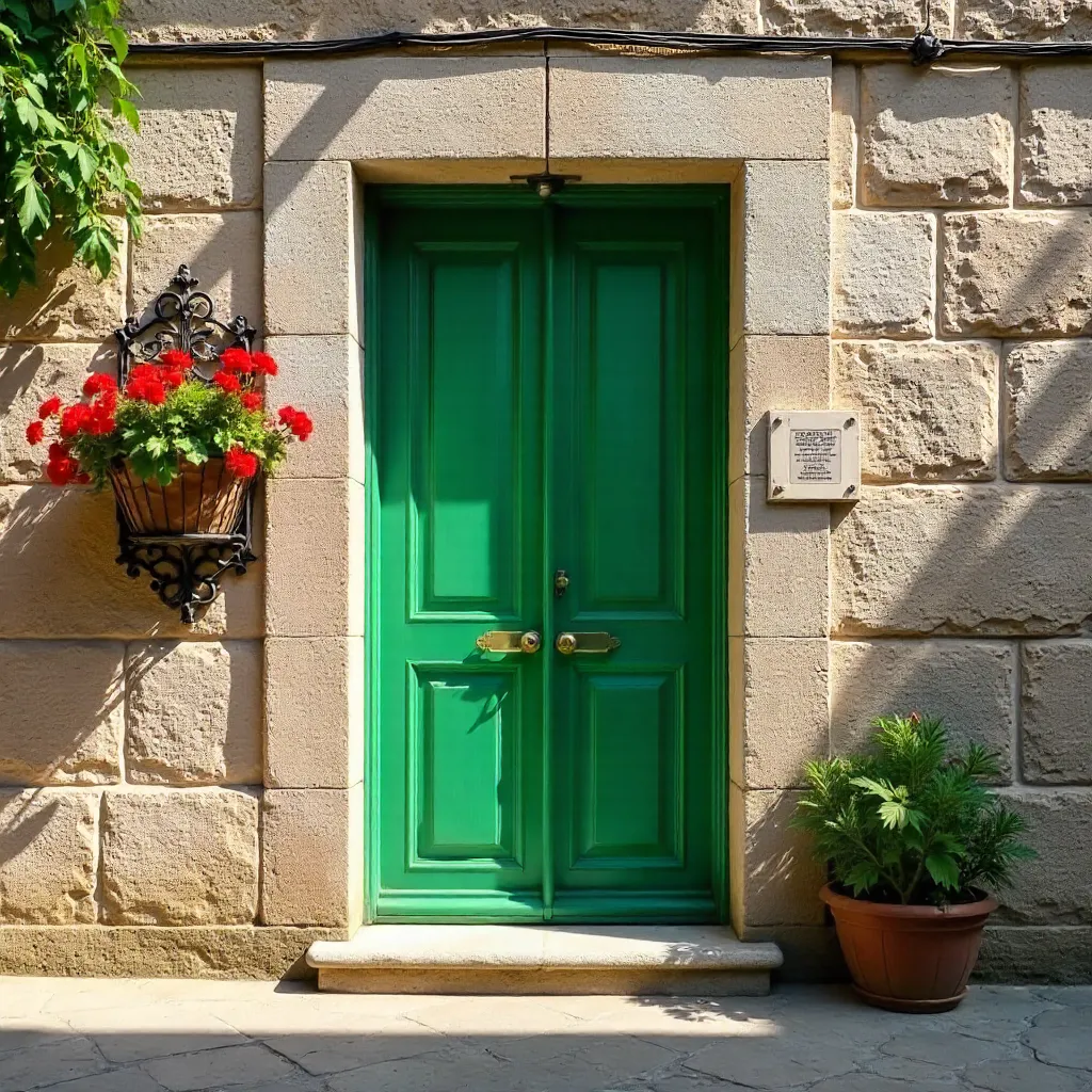 Izmir Historic Stone Facade: Green Door and Basket